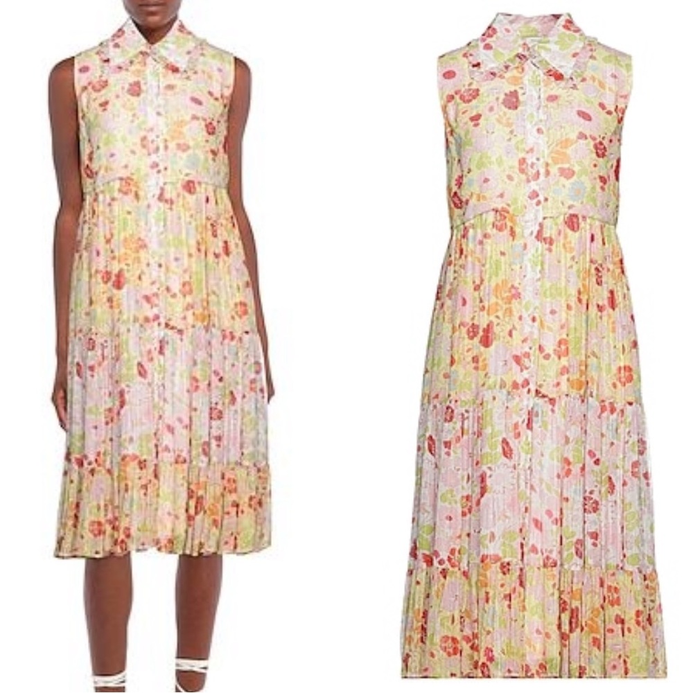 Manoush Floral Yellow Metallic Silver Pastel Ruffle Chiffon Midi Dress - 10